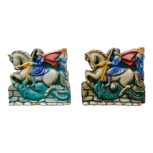 Vintage Italian St George Slaying Dragon Terracotta Plaque Bookends - a Pair