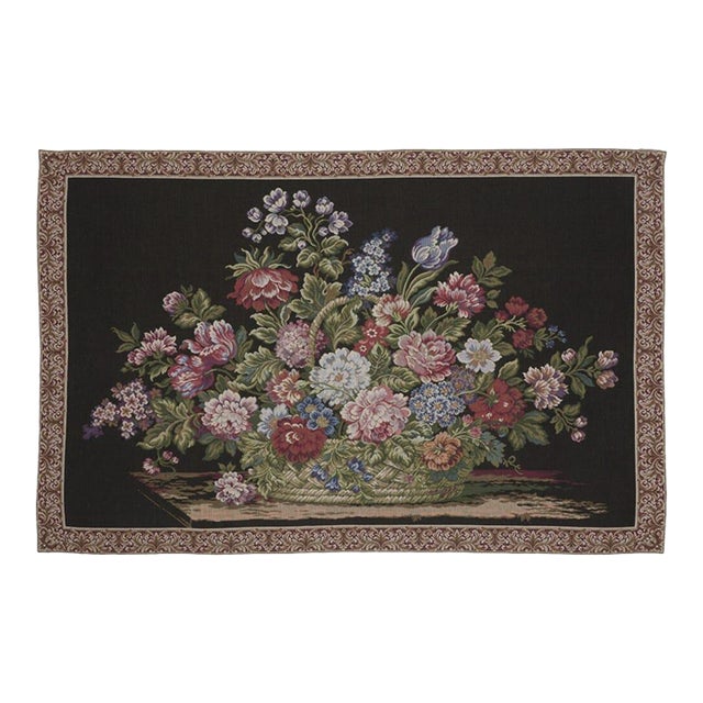 Floral Basket Black Loom Woven Tapestry - 138 X 175 Cm (4'7" X 5'9") - Requires Rod Size 5 For Sale