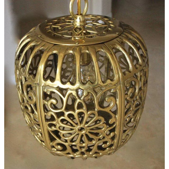 1950s 1950s Hollywood Regency Trio Pierced Brass Asian Ceiling Pendant Lights - Set of 3 For Sale - Image 5 of 12