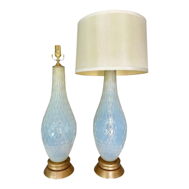1950s Large Murano Opalescent Blue Gold Inclusions Table Lamps - a Pair For Sale