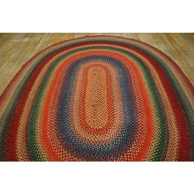 American 1930s Multicolor Folk Art Antique Oval American Braided Rug 6'10" X 9'2" Cotton Carpet For Sale - Image 3 of 15