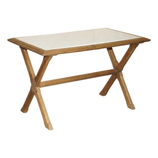 Antique Victorian Oak X Frame Dining Table with Marble Top, 1870s For Sale
