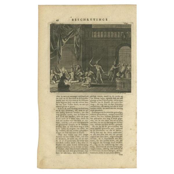 Antique print titled 'Dood des ouden en des jongen Konings'. This print depicts the murder of Kings in Cambodia. This...
