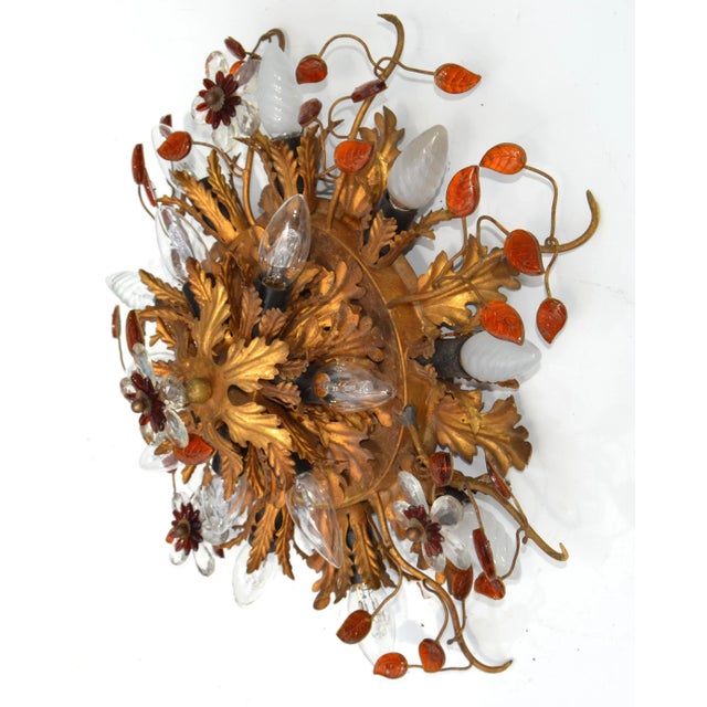 Art Deco Maison Baguès 15 Lights Flush Mount Glass & Gilt Iron Ceiling Light For Sale - Image 12 of 13