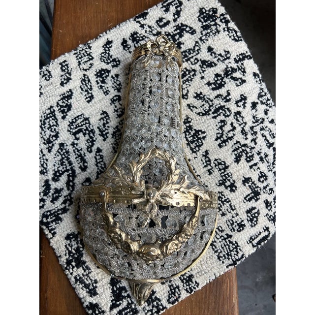 1970s 1970s Small Gold French Basket Crystal Sconces - a Pair For Sale - Image 5 of 6