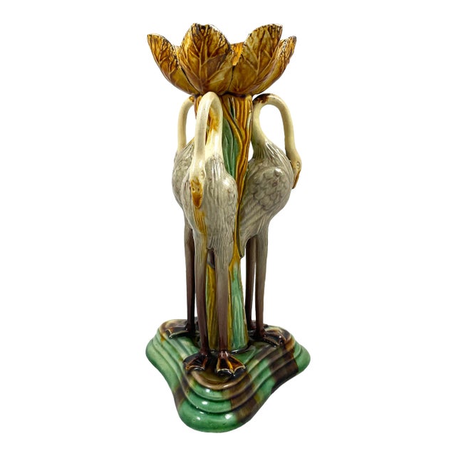Antique Late 19th Century Portuguese Manuel Mafra Majolica Candlestick, Storks With Ochre Leaves & Green Base For Sale