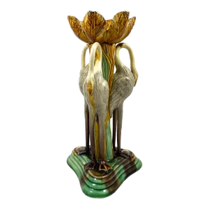 Antique Late 19th Century Portuguese Manuel Mafra Majolica Candlestick, Storks With Ochre Leaves & Green Base