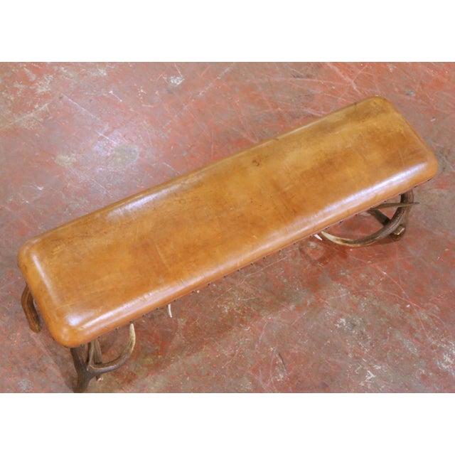 Early 20th Century Austrian Black Forest Antler Lodge Bench With Leather Seat For Sale - Image 4 of 9