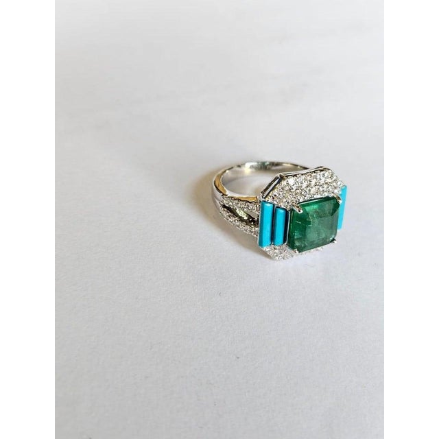 Modern Set in 18k Gold, Zambian Emerald, Natural Turquoise & Diamonds Engagement Ring, Size 6 For Sale - Image 3 of 8