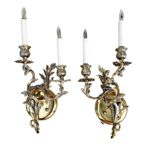 Pair of Mid 20th Century Swedish Victorian Rococo Style Brass Two Light Wall Sconces
