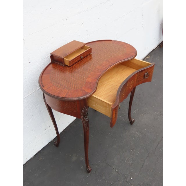 French Early 1900s Kidney Shape Carved Inlaid Small Writing Desk 6620 For Sale - Image 14 of 16