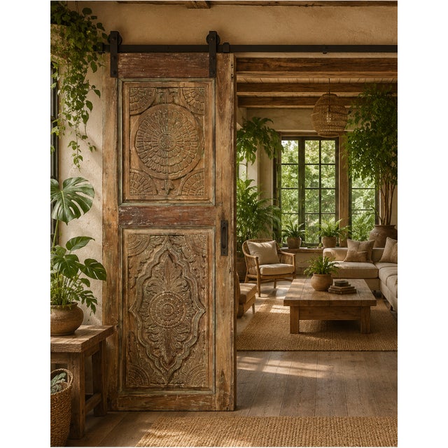 Vintage Indian Lotus Mandala Carved Sliding Barn Door in Reclaimed Wood 80x28 For Sale - Image 4 of 5