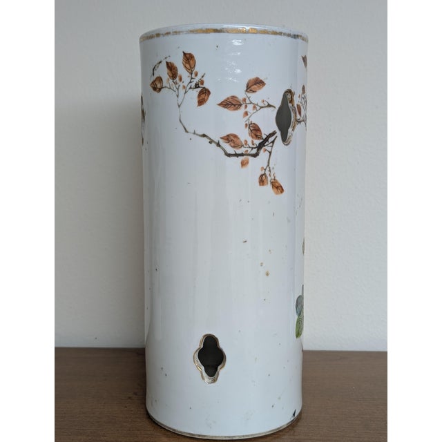 Antique Chinese Qianjiang Cai Floral and Bird Hatstand Porcelain Vase With Mark For Sale - Image 4 of 9