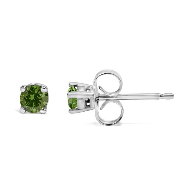 Contemporary .925 Sterling Silver 1/4 Cttw Round Brilliant-Cut Green Diamond Classic 4-Prong Stud Earrings (Fancy Color-Enhanced, I2-I3 Clarity) For Sale - Image 3 of 5