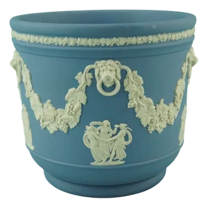 Neoclassical Cachepot Vase in Blue Jasperware with Classical Scenes from Wedgwood, Staffordshire, England, 1920s