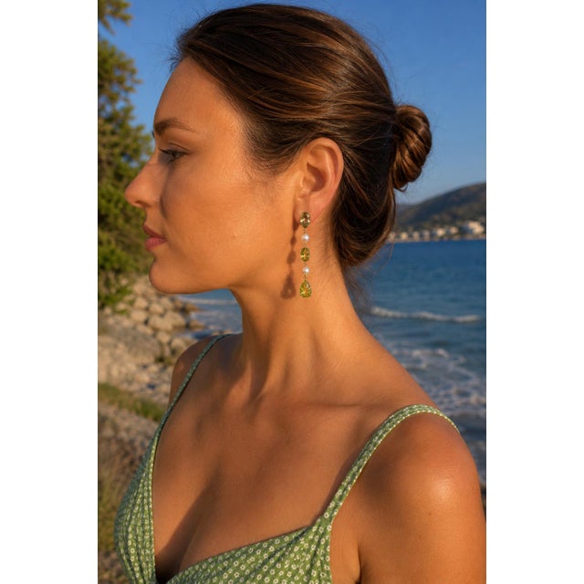 Not Yet Made - Made To Order Peridot & Pearl Drop Multi-Shape Earrings, Silver, Gold, Pair For Sale - Image 5 of 9