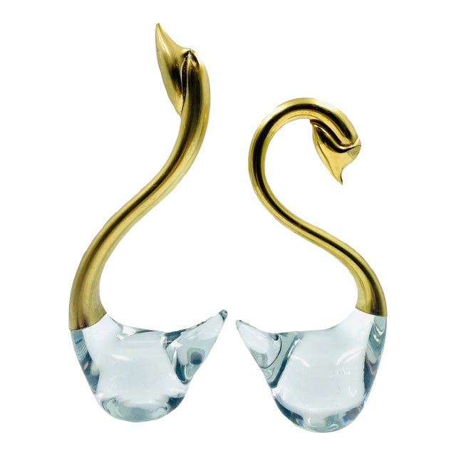 Mid 20th Century Set of 2 Hand Blown Clear Art Glass & Brass Swan Sculptures/Figurines For Sale