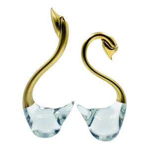Mid 20th Century Set of 2 Hand Blown Clear Art Glass & Brass Swan Sculptures/Figurines