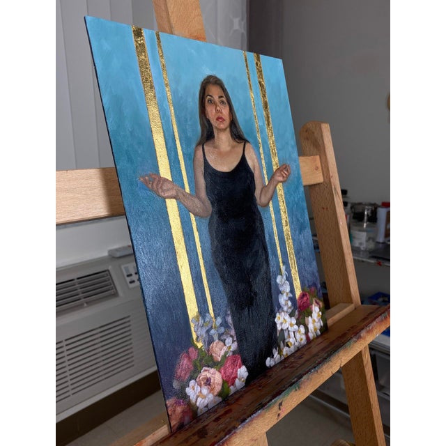 Early 21st Century Bring Forth Miracles by Aixa Oliveras | Oil and 24kt gold leaf on panel Woman in black dress surrounded by flowers. For Sale - Image 5 of 5