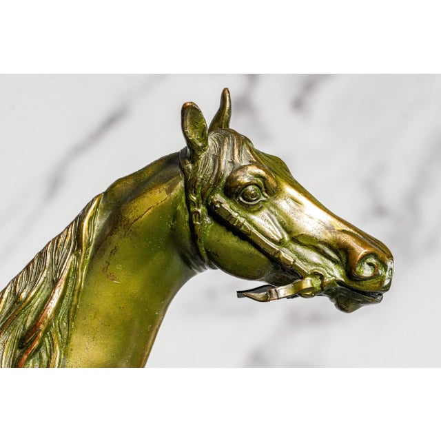English Stately Large Equestrian Antique Saddled Horse Statue Sculpture Cast Metal Marble Base Country Home Decor For Sale - Image 3 of 16