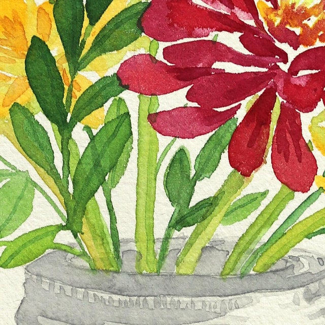 Zinnia Bouquet in Glass Jar III - Color Drenched Floral Watercolor Still Life by Xiao Wen Xu For Sale In Los Angeles - Image 6 of 7