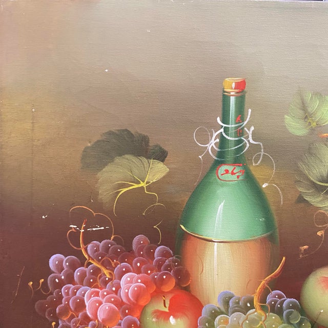 Green "Wine and Grapes" Still Life Painting on Canvas For Sale - Image 8 of 10