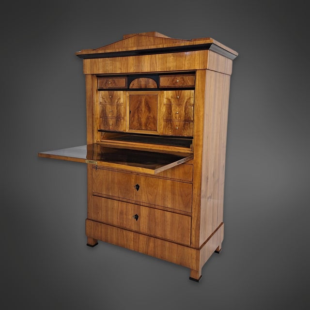 Biedermeier Cherrywood Veneer Secretary Desk with Pointed Gable, Thuringia, 1820s For Sale - Image 3 of 11