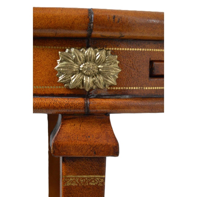 Brown Maitland Smith Style Round Leather Wrapped Brass Gueridon Side Drink Table For Sale - Image 8 of 11