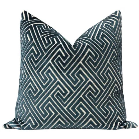 Pair of beautiful custom-made roman cut velvet pillows in navy blue. Meticulously handcrafted with serged interior seams,...