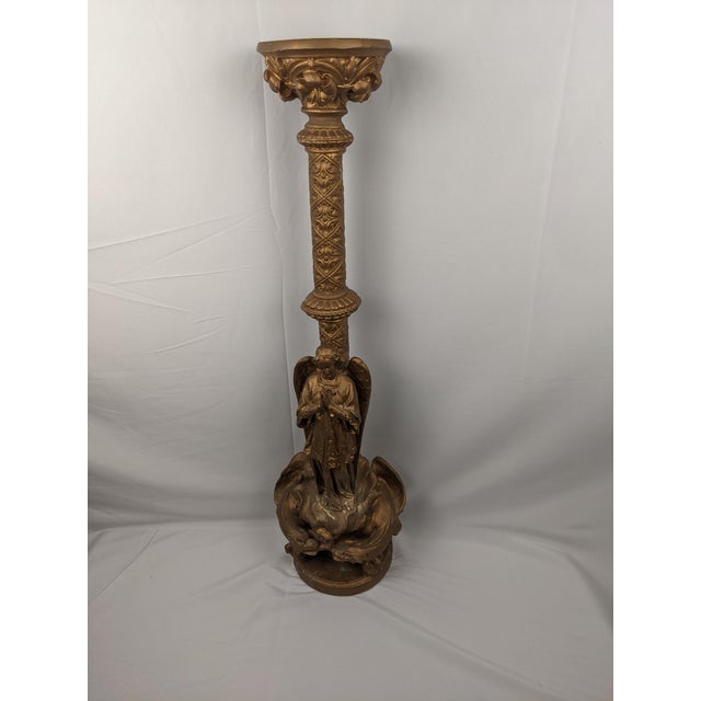 Monumental Gothic Revival Angel Pedestal Candleholder With Mythological Dragon Base For Sale - Image 10 of 16