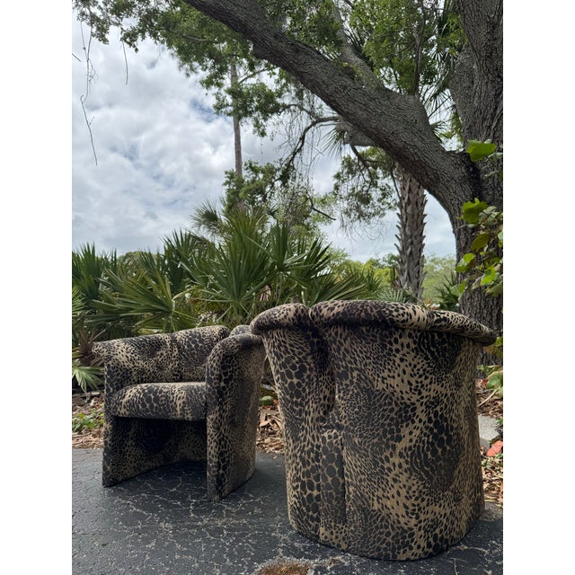 Textile 1970s Thayer Coggin for Robb & Stucky Postmodern Leopard Upholstered Barrel Chairs – A Pair For Sale - Image 7 of 9