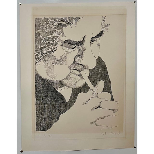 Nancy Drosd, Golda Meir Israeli Woman Prime Minister Smoking Cigarette Ink Line Etching Print, 1972 For Sale In Miami - Image 6 of 10