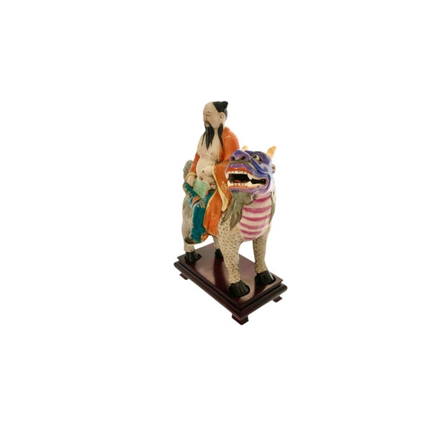Late 20th Century Chinese Porcelain Immortals Riding Dragon on Wood Base, Folk Art Figurine, 12"h For Sale - Image 4 of 11