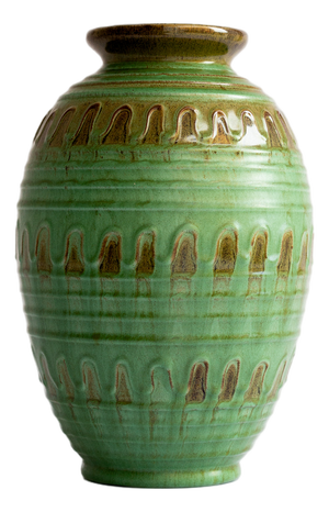 Scandinavian Green Glazed Relief Vase by Erik Mornils for Nittsjo, Sweden, 1940s