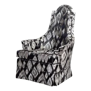 Hollywood Regency Skirted High Back Chair in Black and Silver Ikat