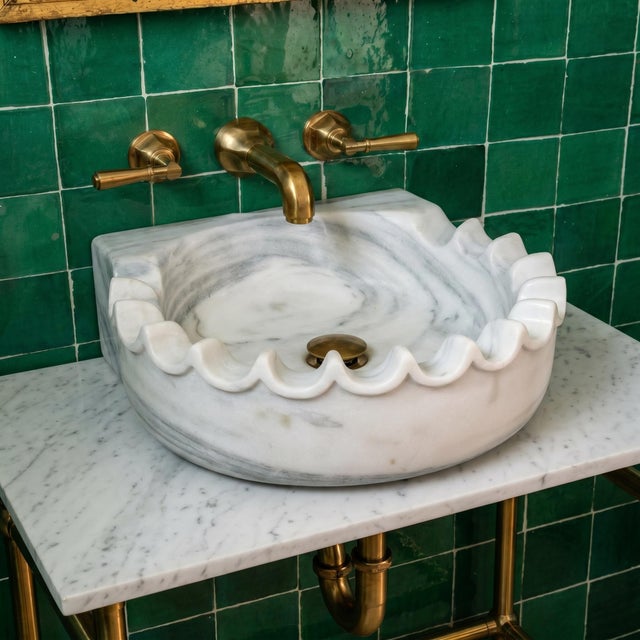 White Marble Scalloped Wall Mounted Sink, Handcrafted Luxury Stone Bathroom Vanity Basin For Sale - Image 6 of 9