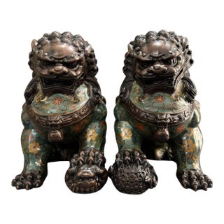 Pair of Large Chinese Cloisonné Enamel Buddhist Lion Statues For Sale