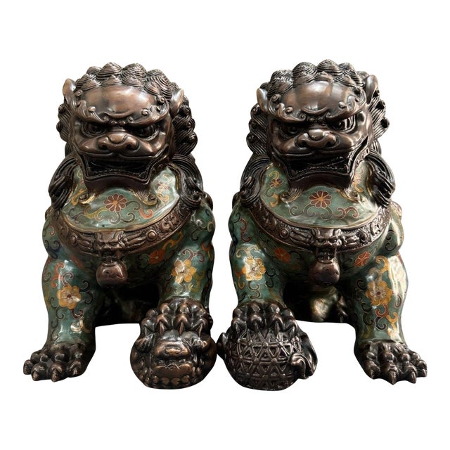 Pair of Large Chinese Cloisonné Enamel Buddhist Lion Statues For Sale
