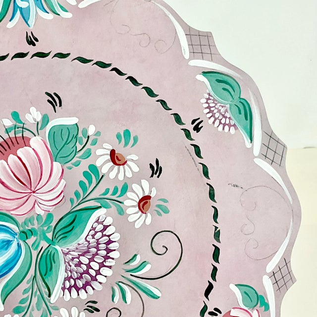 1996 Vintage Boho Chic Gustavian Scandinavian Hand-Painted Wood Plate. For Sale - Image 4 of 9