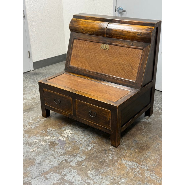 Asian Wooden Storage Bench + Cane Panels, Vintage For Sale - Image 4 of 12