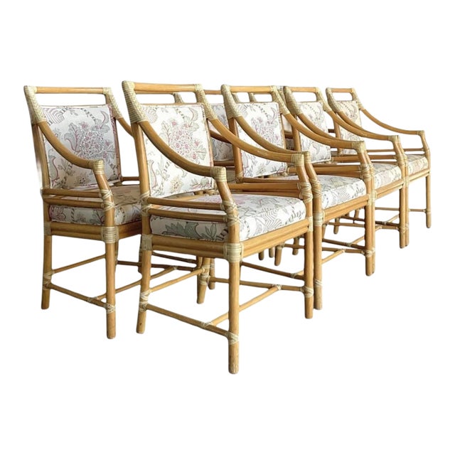 8 McGuire Target Back Dining Chairs. Upholstered in Palm Beach Designer Performance Fabric With Soft Pink and Green Accents. (10 Available.) For Sale