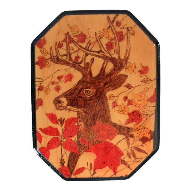 Vintage Handmade Wood Wall Hanging Plaque Featuring a Deer in a Forest Setting For Sale