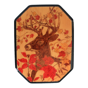 Vintage Handmade Wood Wall Hanging Plaque Featuring a Deer in a Forest Setting