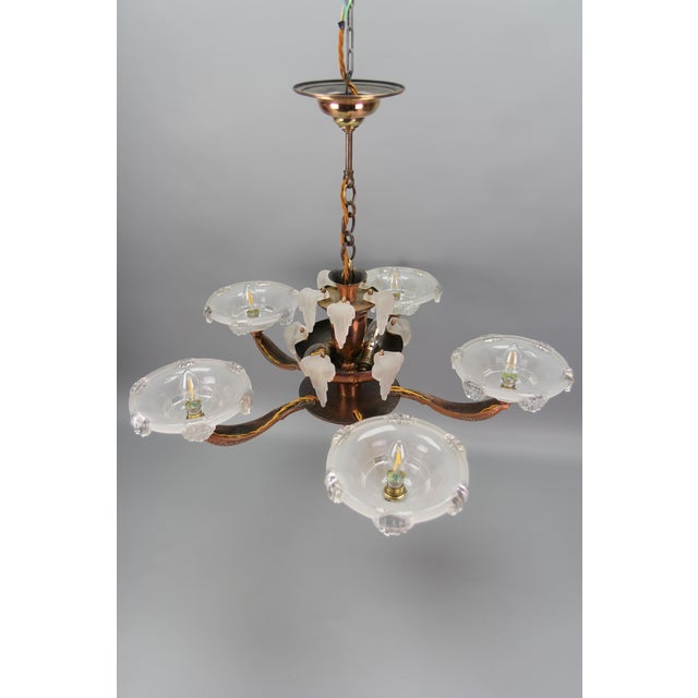 Art Deco French Frosted Glass, Brass, and Copper Chandelier, 1930s For Sale - Image 14 of 18