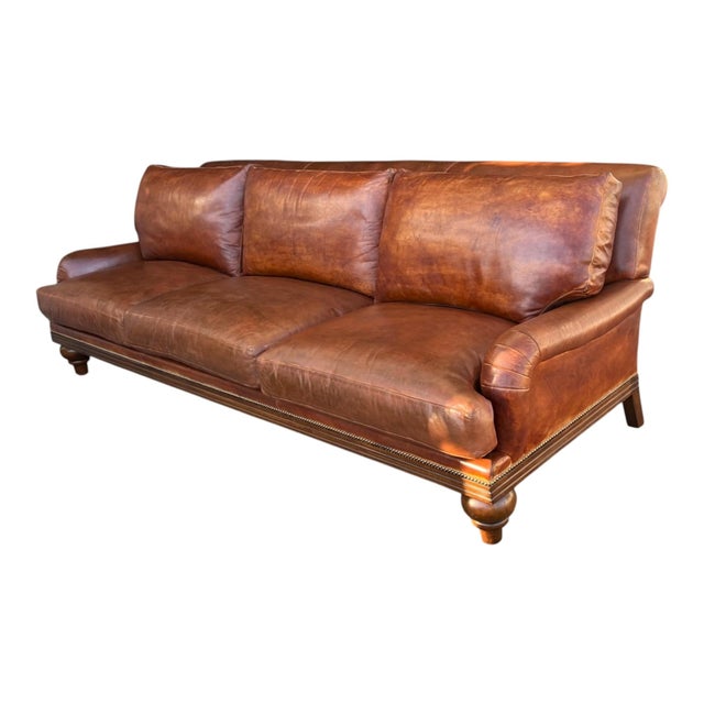 1970s English Traditional Light Brown Leather Sofa With Nail Head Trim & Carved 6-Leg Base For Sale - Image 4 of 16