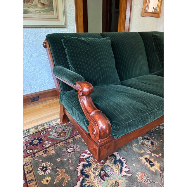 Gothic 1990s Ralph Lauren American Oversized Velvet Green Upholstered Sofa With Scroll Wood Arms For Sale - Image 3 of 12