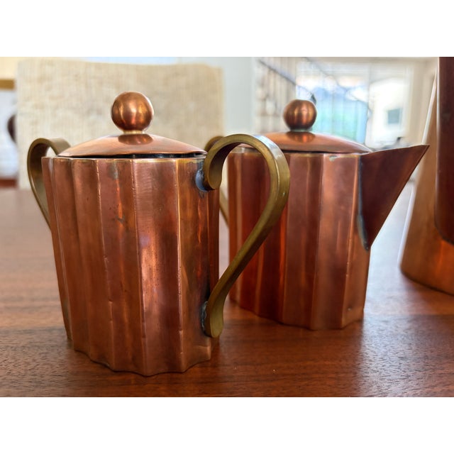 1960s Handcrafted Mid-Century Modern Copper Coffee Service Artisan Studio Brass & Wood Sculptural Design - Set of 3 For Sale - Image 15 of 18