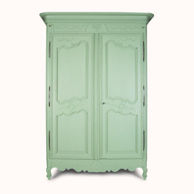 Antique French Soft Green Marriage Armoire For Sale - Image 11 of 11