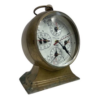 World Time Clock with Five Time Zones in Brass For Sale