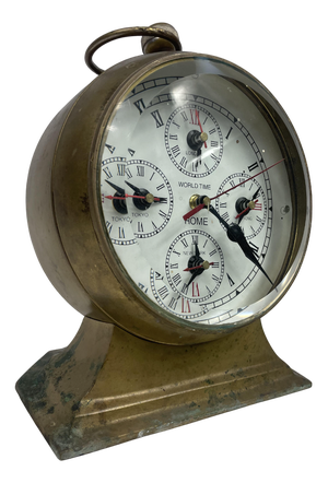 World Time Clock with Five Time Zones in Brass